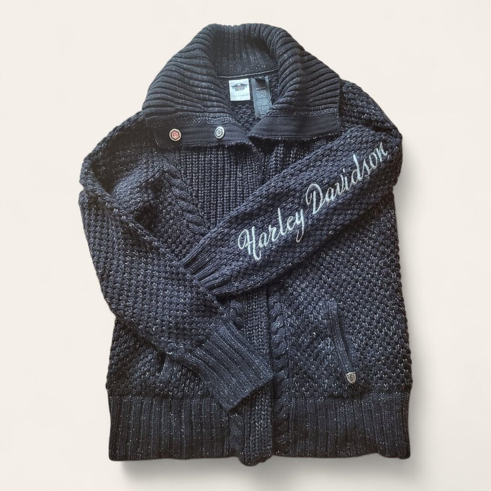 Harley Davidson Chunky Knit Full Zip Sweater Black Silver Womens XL Logo Biker
